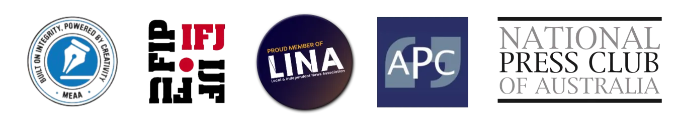 Membership marks: MEAA, IFJ, LINA, Australian Press Council, National Press Club of Australia.